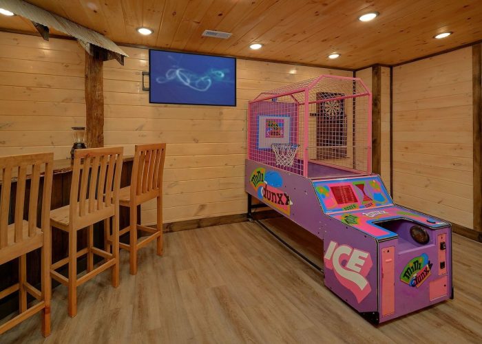 Cabin game room with basketball arcade and darts