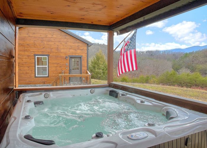 Hot tub with a mountain view